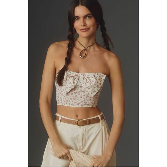 NEW Anthropologie Pink Floral Bow Cropped Bustier Strapless Tube Top Medium - Picture 2 of 5